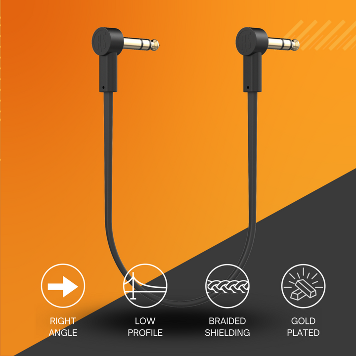 Ultra-thin, low-profile TRS stereo patch cable with right-angle 1/4'' connectors for pedalboards. Gold-plated connectors and braided shielding ensure noise-free, high-quality signal. Ideal for multi-effect processors, expression pedals, and any 1/4'' TRS stereo connection. Available in multiple lengths.