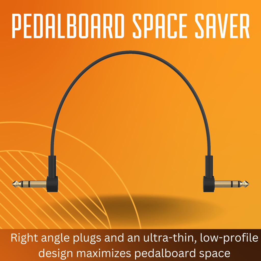 Ultra-thin, low-profile TRS stereo patch cable with right-angle 1/4'' connectors for pedalboards. Gold-plated connectors and braided shielding ensure noise-free, high-quality signal. Ideal for multi-effect processors, expression pedals, and any 1/4'' TRS stereo connection. Available in multiple lengths.