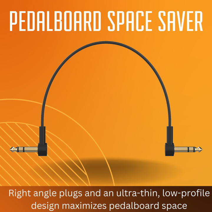 Ultra-thin, low-profile TRS stereo patch cable with right-angle 1/4'' connectors for pedalboards. Gold-plated connectors and braided shielding ensure noise-free, high-quality signal. Ideal for multi-effect processors, expression pedals, and any 1/4'' TRS stereo connection. Available in multiple lengths.