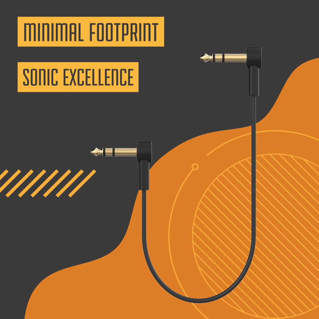 Ultra-thin, low-profile TRS stereo patch cable with right-angle 1/4'' connectors for pedalboards. Gold-plated connectors and braided shielding ensure noise-free, high-quality signal. Ideal for multi-effect processors, expression pedals, and any 1/4'' TRS stereo connection. Available in multiple lengths.
