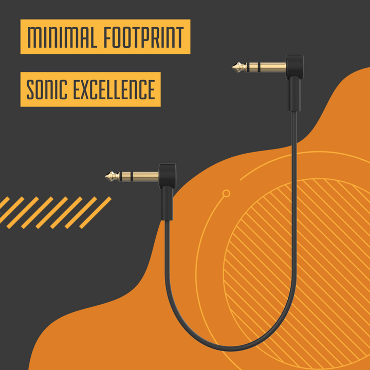 Ultra-thin, low-profile TRS stereo patch cable with right-angle 1/4'' connectors for pedalboards. Gold-plated connectors and braided shielding ensure noise-free, high-quality signal. Ideal for multi-effect processors, expression pedals, and any 1/4'' TRS stereo connection. Available in multiple lengths.