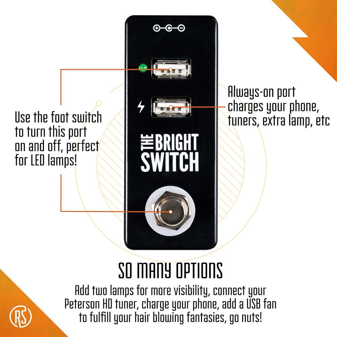 The Bright Switch pedal by Rock Stock, equipped with a USB port for powering a bright light that effectively illuminates a pedalboard. An indispensable tool for guitarists to conveniently manage and adjust their sound settings, even in low-light stages.