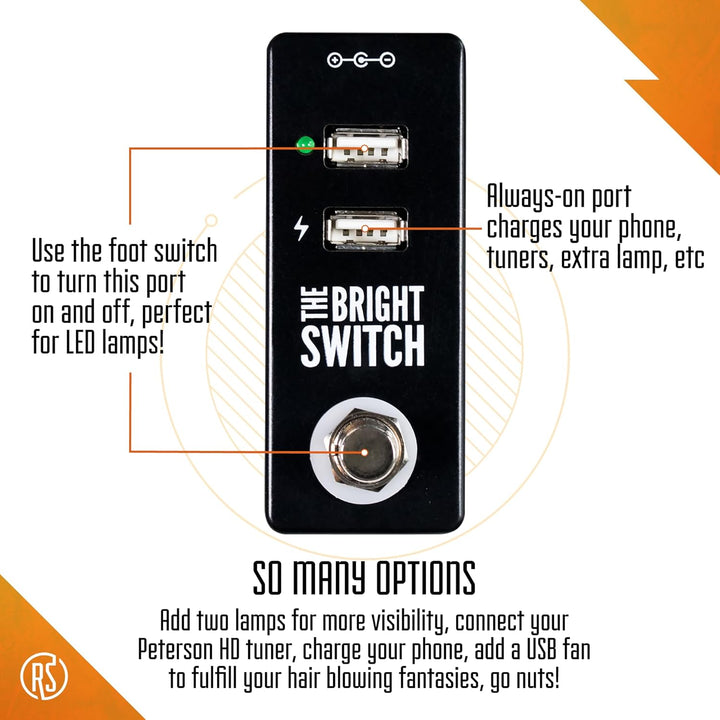 The Bright Switch pedal by Rock Stock, equipped with a USB port for powering a bright light that effectively illuminates a pedalboard. An indispensable tool for guitarists to conveniently manage and adjust their sound settings, even in low-light stages.