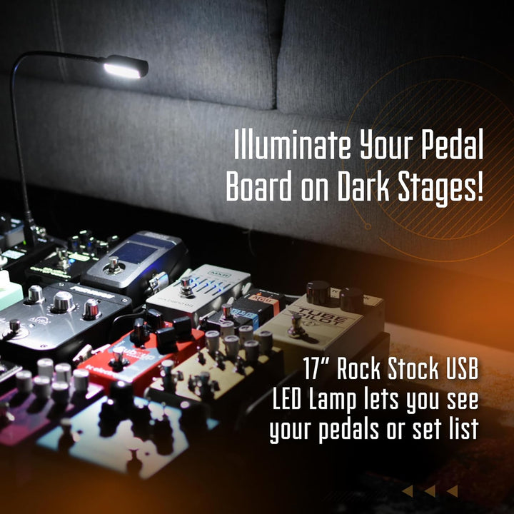 The Bright Switch pedal by Rock Stock, equipped with a USB port for powering a bright light that effectively illuminates a pedalboard. An indispensable tool for guitarists to conveniently manage and adjust their sound settings, even in low-light stages.