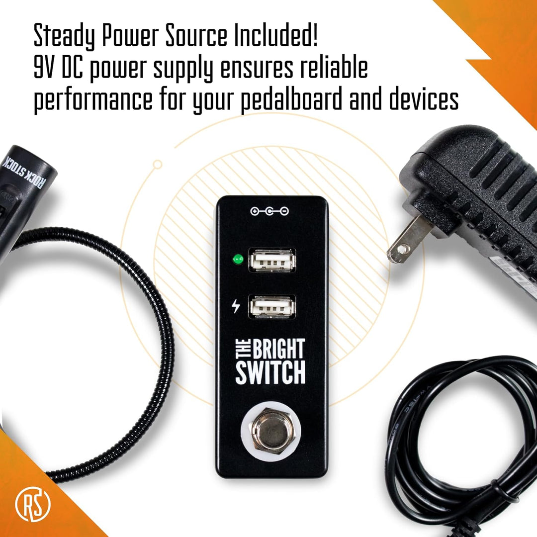 The Bright Switch pedal by Rock Stock, equipped with a USB port for powering a bright light that effectively illuminates a pedalboard. An indispensable tool for guitarists to conveniently manage and adjust their sound settings, even in low-light stages.