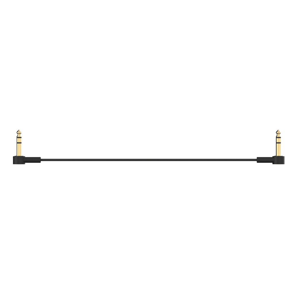 Ultra-thin, low-profile TRS stereo patch cable with right-angle 1/4'' connectors for pedalboards. Gold-plated connectors and braided shielding ensure noise-free, high-quality signal. Ideal for multi-effect processors, expression pedals, and any 1/4'' TRS stereo connection. Available in multiple lengths.