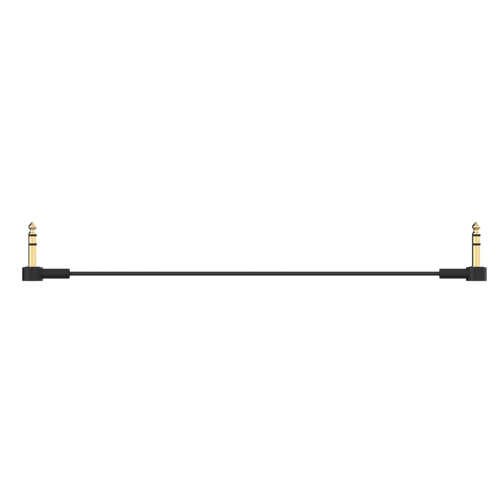 Ultra-thin, low-profile TRS stereo patch cable with right-angle 1/4'' connectors for pedalboards. Gold-plated connectors and braided shielding ensure noise-free, high-quality signal. Ideal for multi-effect processors, expression pedals, and any 1/4'' TRS stereo connection. Available in multiple lengths.
