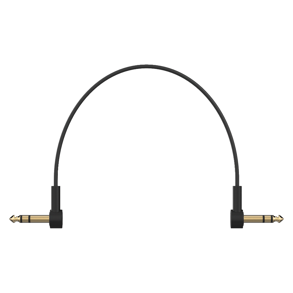 Ultra-thin, low-profile TRS stereo patch cable with right-angle 1/4'' connectors for pedalboards. Gold-plated connectors and braided shielding ensure noise-free, high-quality signal. Ideal for multi-effect processors, expression pedals, and any 1/4'' TRS stereo connection. Available in multiple lengths.