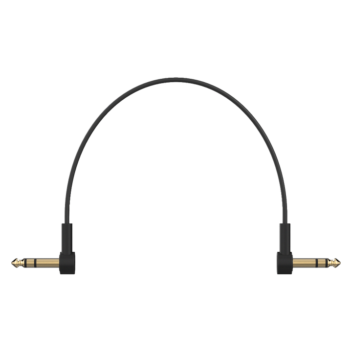 Ultra-thin, low-profile TRS stereo patch cable with right-angle 1/4'' connectors for pedalboards. Gold-plated connectors and braided shielding ensure noise-free, high-quality signal. Ideal for multi-effect processors, expression pedals, and any 1/4'' TRS stereo connection. Available in multiple lengths.