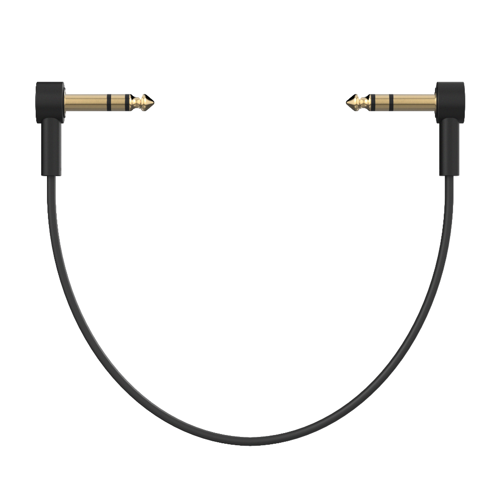 Ultra-thin, low-profile TRS stereo patch cable with right-angle 1/4'' connectors for pedalboards. Gold-plated connectors and braided shielding ensure noise-free, high-quality signal. Ideal for multi-effect processors, expression pedals, and any 1/4'' TRS stereo connection. Available in multiple lengths.