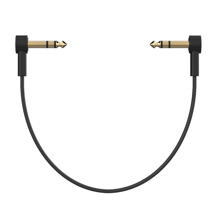 Ultra-thin, low-profile TRS stereo patch cable with right-angle 1/4'' connectors for pedalboards. Gold-plated connectors and braided shielding ensure noise-free, high-quality signal. Ideal for multi-effect processors, expression pedals, and any 1/4'' TRS stereo connection. Available in multiple lengths.