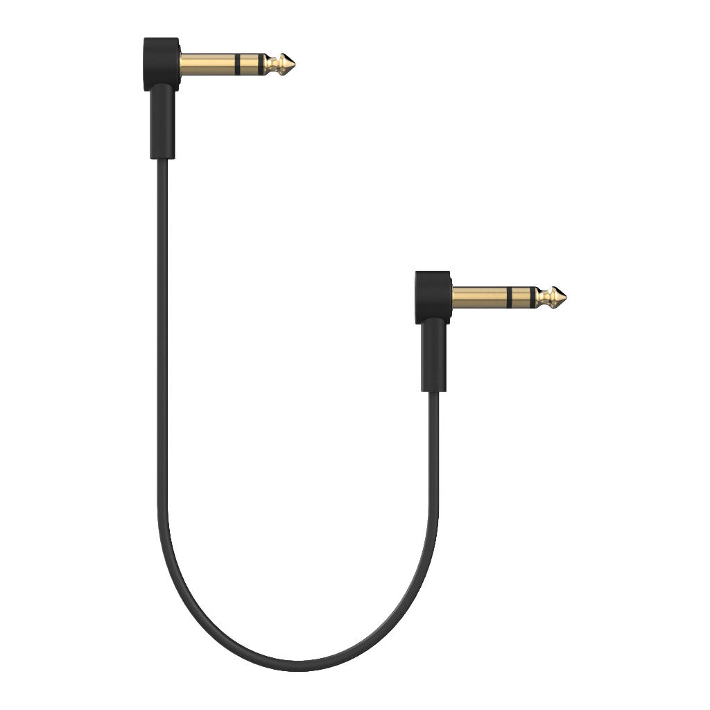 Ultra-thin, low-profile TRS stereo patch cable with right-angle 1/4'' connectors for pedalboards. Gold-plated connectors and braided shielding ensure noise-free, high-quality signal. Ideal for multi-effect processors, expression pedals, and any 1/4'' TRS stereo connection. Available in multiple lengths.