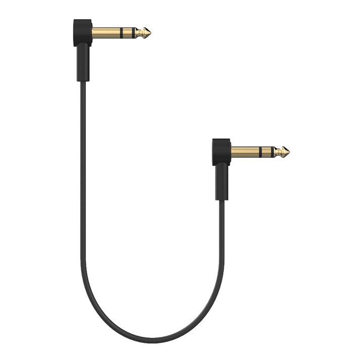Ultra-thin, low-profile TRS stereo patch cable with right-angle 1/4'' connectors for pedalboards. Gold-plated connectors and braided shielding ensure noise-free, high-quality signal. Ideal for multi-effect processors, expression pedals, and any 1/4'' TRS stereo connection. Available in multiple lengths.