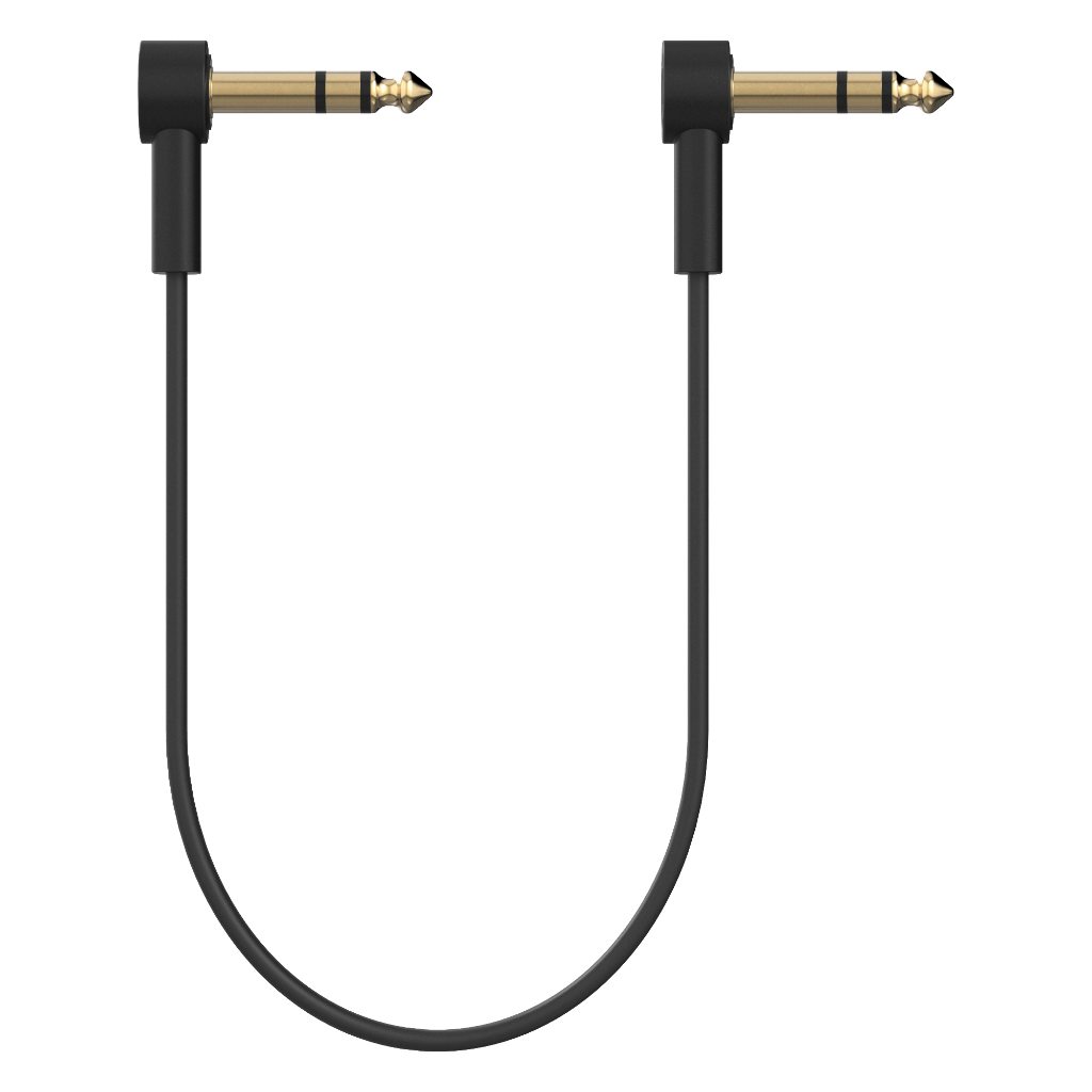 Ultra-thin, low-profile TRS stereo patch cable with right-angle 1/4'' connectors for pedalboards. Gold-plated connectors and braided shielding ensure noise-free, high-quality signal. Ideal for multi-effect processors, expression pedals, and any 1/4'' TRS stereo connection. Available in multiple lengths.