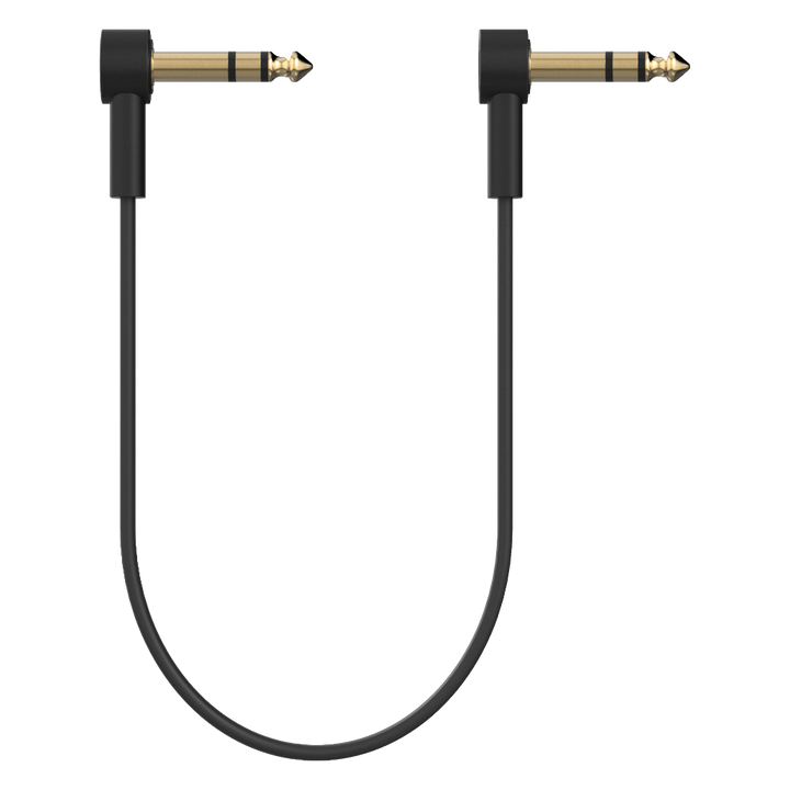 Ultra-thin, low-profile TRS stereo patch cable with right-angle 1/4'' connectors for pedalboards. Gold-plated connectors and braided shielding ensure noise-free, high-quality signal. Ideal for multi-effect processors, expression pedals, and any 1/4'' TRS stereo connection. Available in multiple lengths.