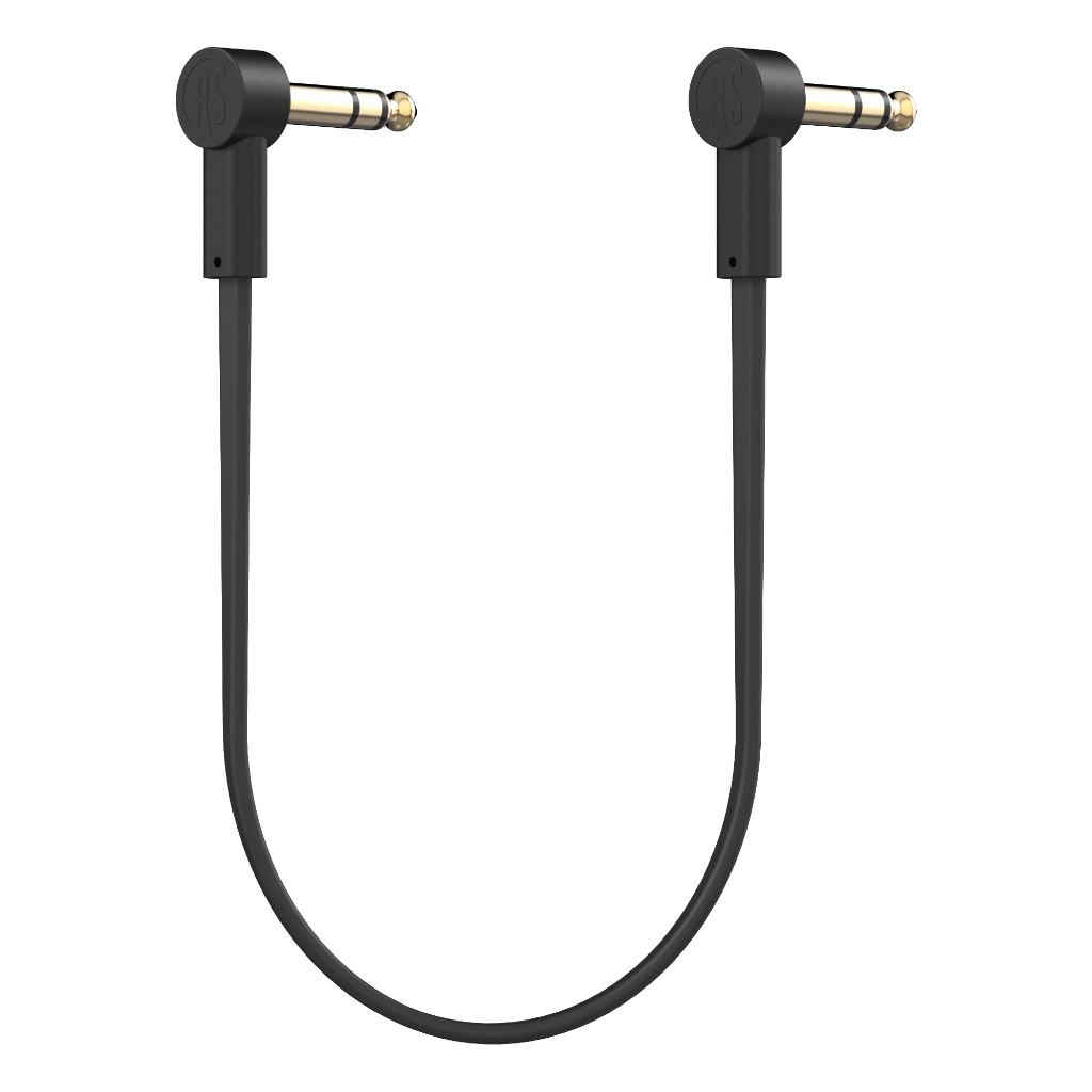 Ultra-thin, low-profile TRS stereo patch cable with right-angle 1/4'' connectors for pedalboards. Gold-plated connectors and braided shielding ensure noise-free, high-quality signal. Ideal for multi-effect processors, expression pedals, and any 1/4'' TRS stereo connection. Available in multiple lengths.