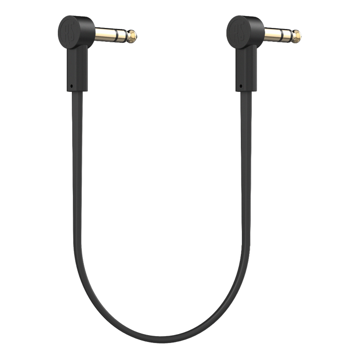 Ultra-thin, low-profile TRS stereo patch cable with right-angle 1/4'' connectors for pedalboards. Gold-plated connectors and braided shielding ensure noise-free, high-quality signal. Ideal for multi-effect processors, expression pedals, and any 1/4'' TRS stereo connection. Available in multiple lengths.