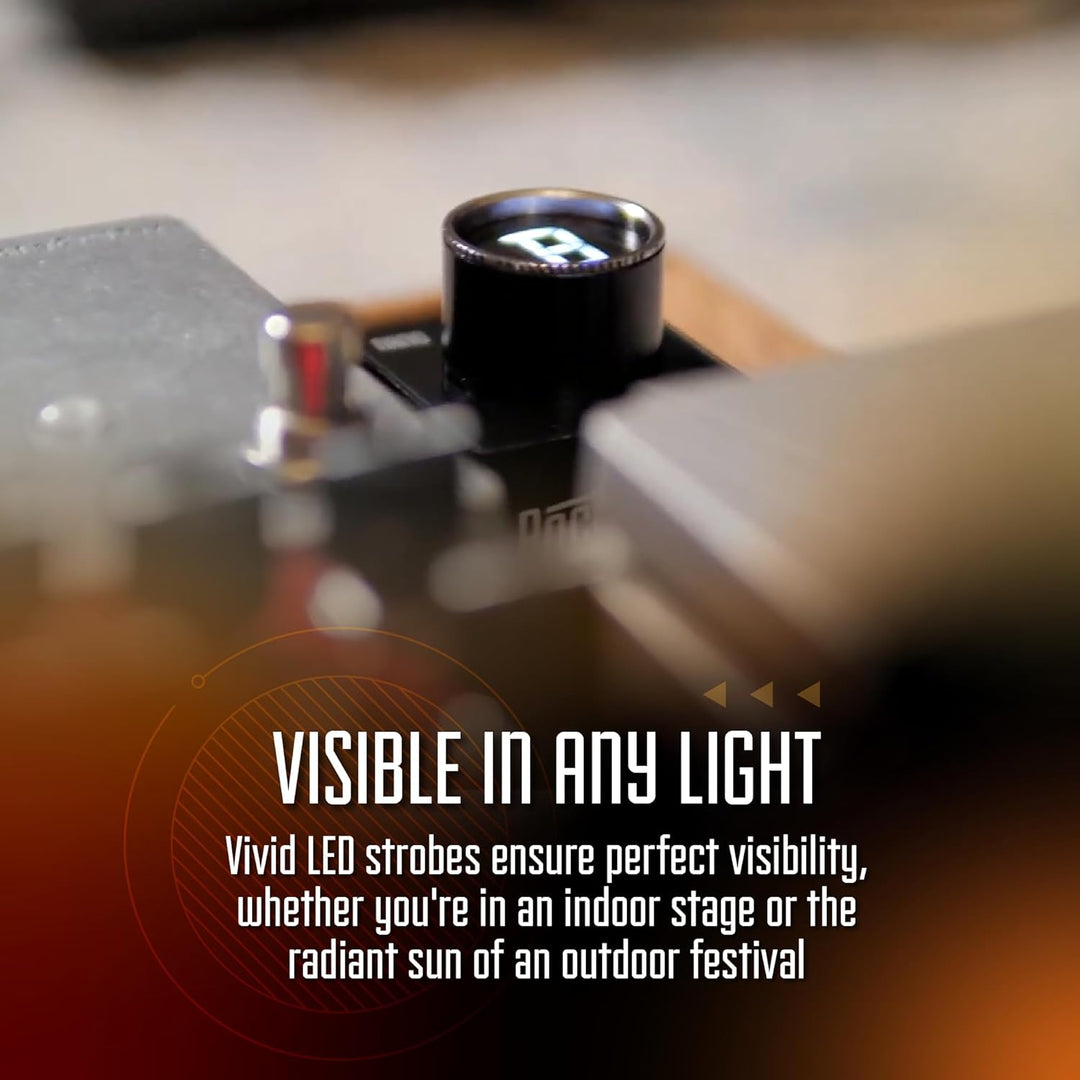 Ultra-compact Rock Stock Nano Tuner pedal with an integrated screen and footswitch, offering lightning-fast 10ms tuning response and 0.5-cent accuracy for electric, acoustic, and bass guitars. Features vivid LED strobes, mute-to-tune function, and standard 9VDC compatibility.