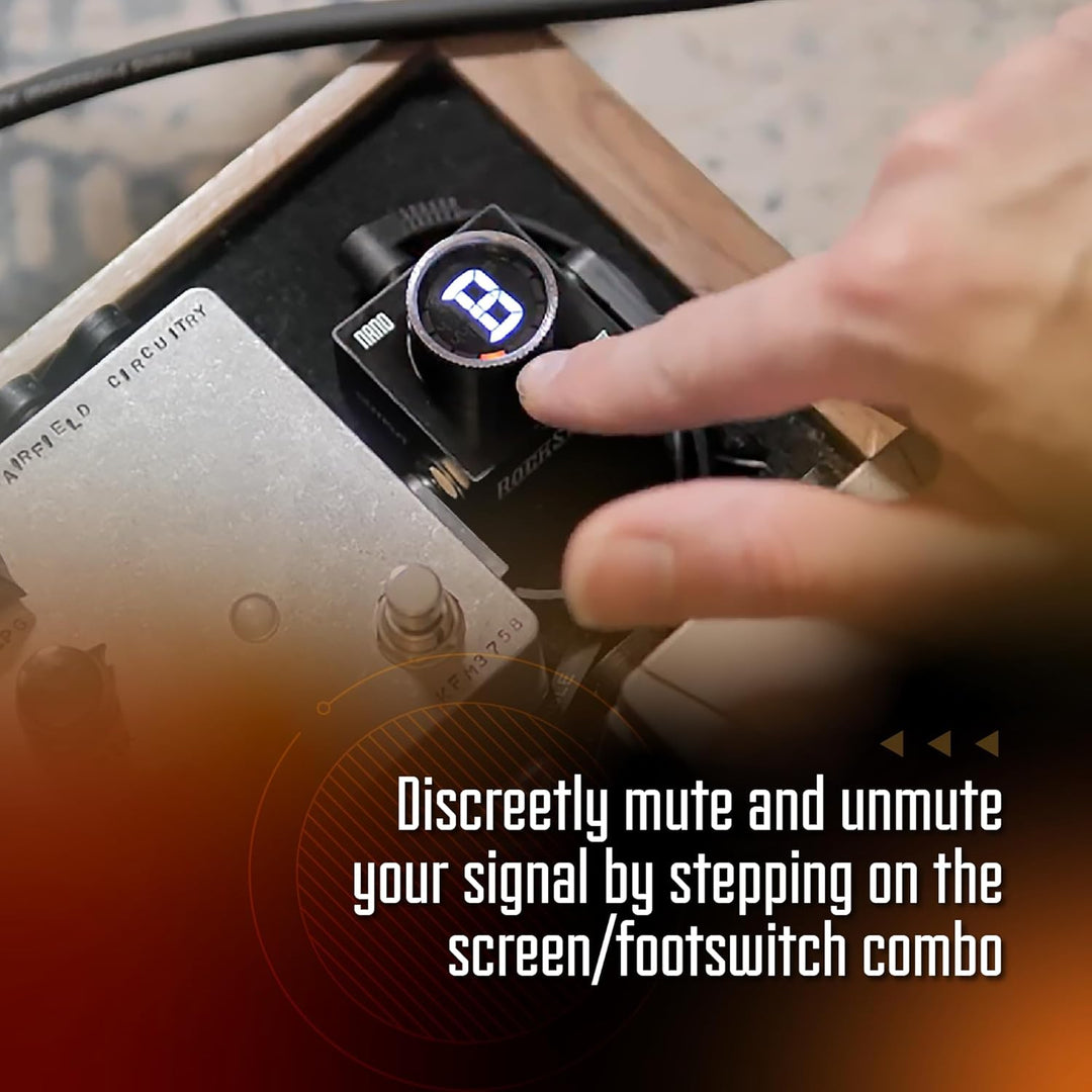 Ultra-compact Rock Stock Nano Tuner pedal with an integrated screen and footswitch, offering lightning-fast 10ms tuning response and 0.5-cent accuracy for electric, acoustic, and bass guitars. Features vivid LED strobes, mute-to-tune function, and standard 9VDC compatibility.