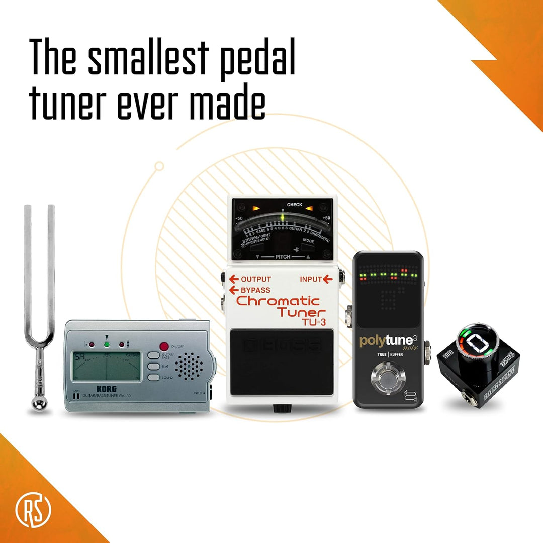Ultra-compact Rock Stock Nano Tuner pedal with an integrated screen and footswitch, offering lightning-fast 10ms tuning response and 0.5-cent accuracy for electric, acoustic, and bass guitars. Features vivid LED strobes, mute-to-tune function, and standard 9VDC compatibility.
