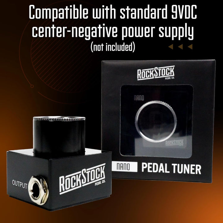 Ultra-compact Rock Stock Nano Tuner pedal with an integrated screen and footswitch, offering lightning-fast 10ms tuning response and 0.5-cent accuracy for electric, acoustic, and bass guitars. Features vivid LED strobes, mute-to-tune function, and standard 9VDC compatibility.